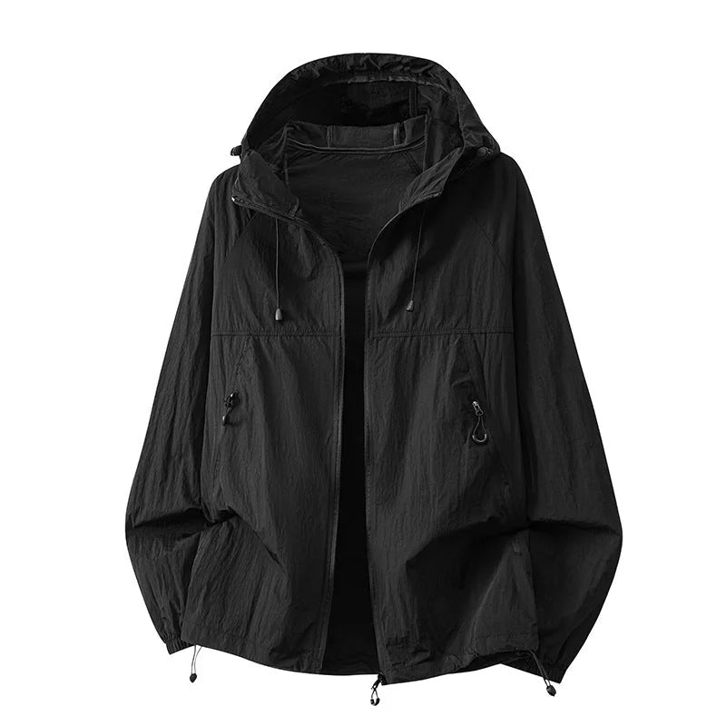 Black Men's Lightweight Hooded Jacket with Zip Pockets & Drawstring Hem