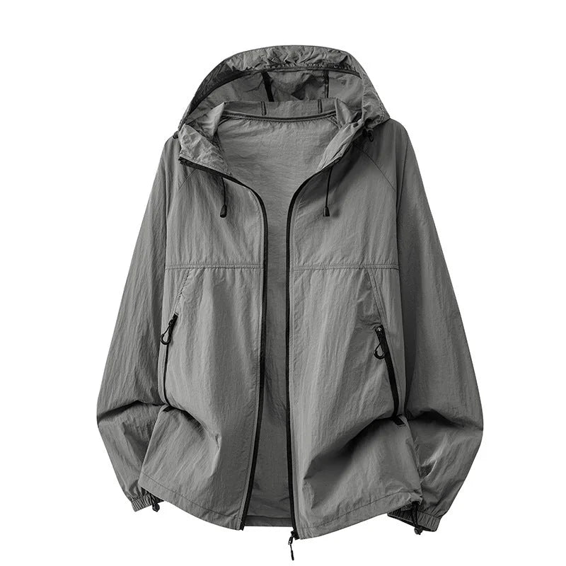 Gray Men's Lightweight Hooded Jacket with Zip Pockets & Drawstring Hem