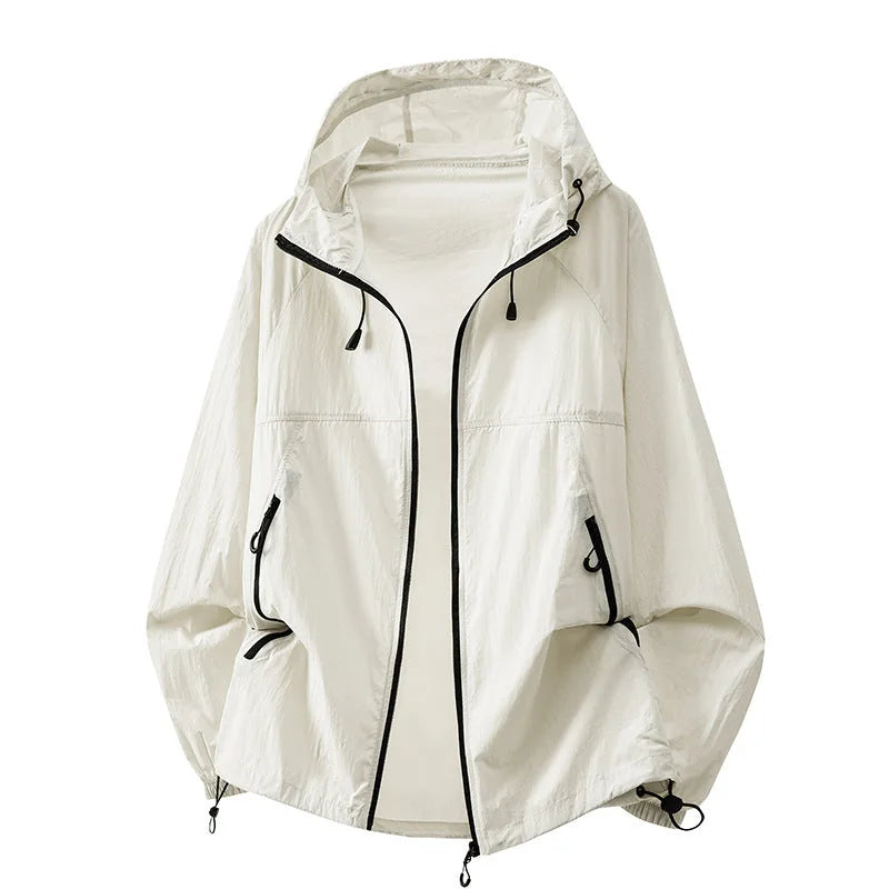 White Men's Lightweight Hooded Jacket with Zip Pockets & Drawstring Hem