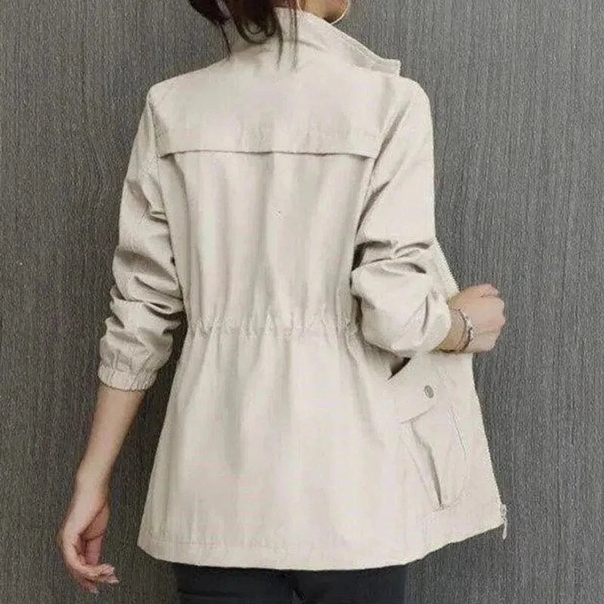 Beige Women's Lightweight Zip-Up Bomber Jacket with Drawstring Waist & Stand Collar