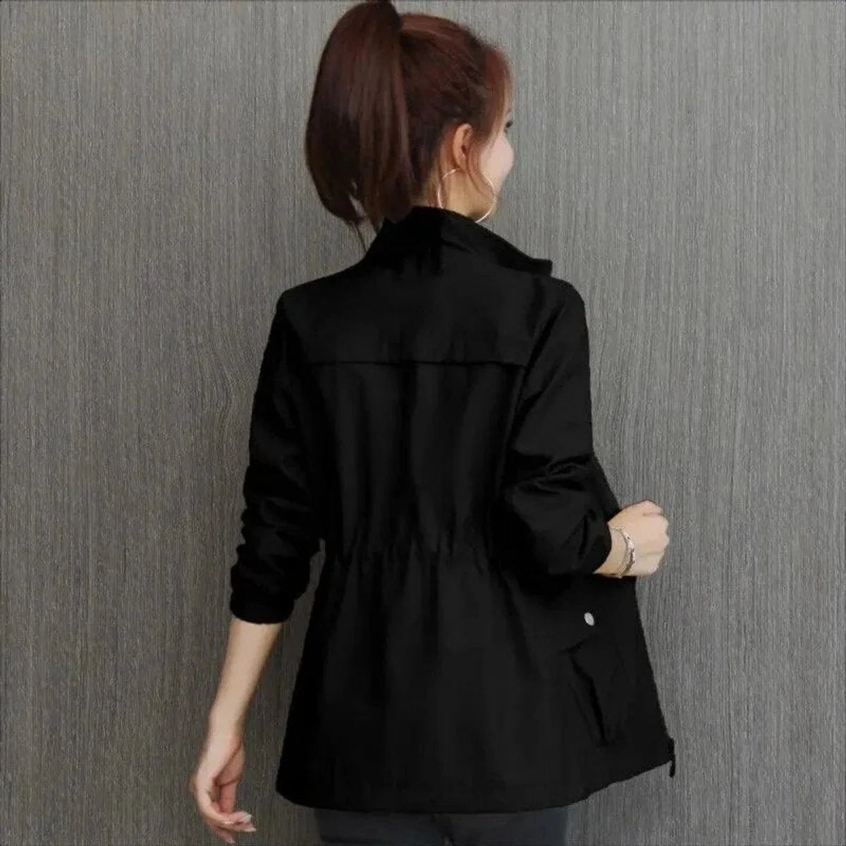 Black Women's Lightweight Zip-Up Bomber Jacket with Drawstring Waist & Stand Collar