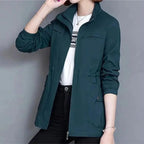 Blue Women's Lightweight Zip-Up Bomber Jacket with Drawstring Waist & Stand Collar