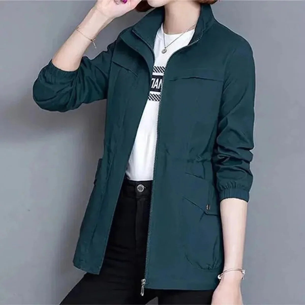 Blue Women's Lightweight Zip-Up Bomber Jacket with Drawstring Waist & Stand Collar