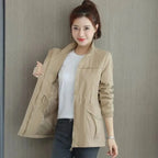 Khaki Women's Lightweight Zip-Up Bomber Jacket with Drawstring Waist & Stand Collar
