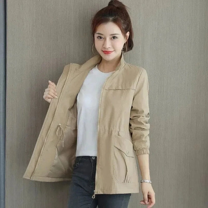 Khaki Women's Lightweight Zip-Up Bomber Jacket with Drawstring Waist & Stand Collar