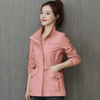 Pink Women's Lightweight Zip-Up Bomber Jacket with Drawstring Waist & Stand Collar