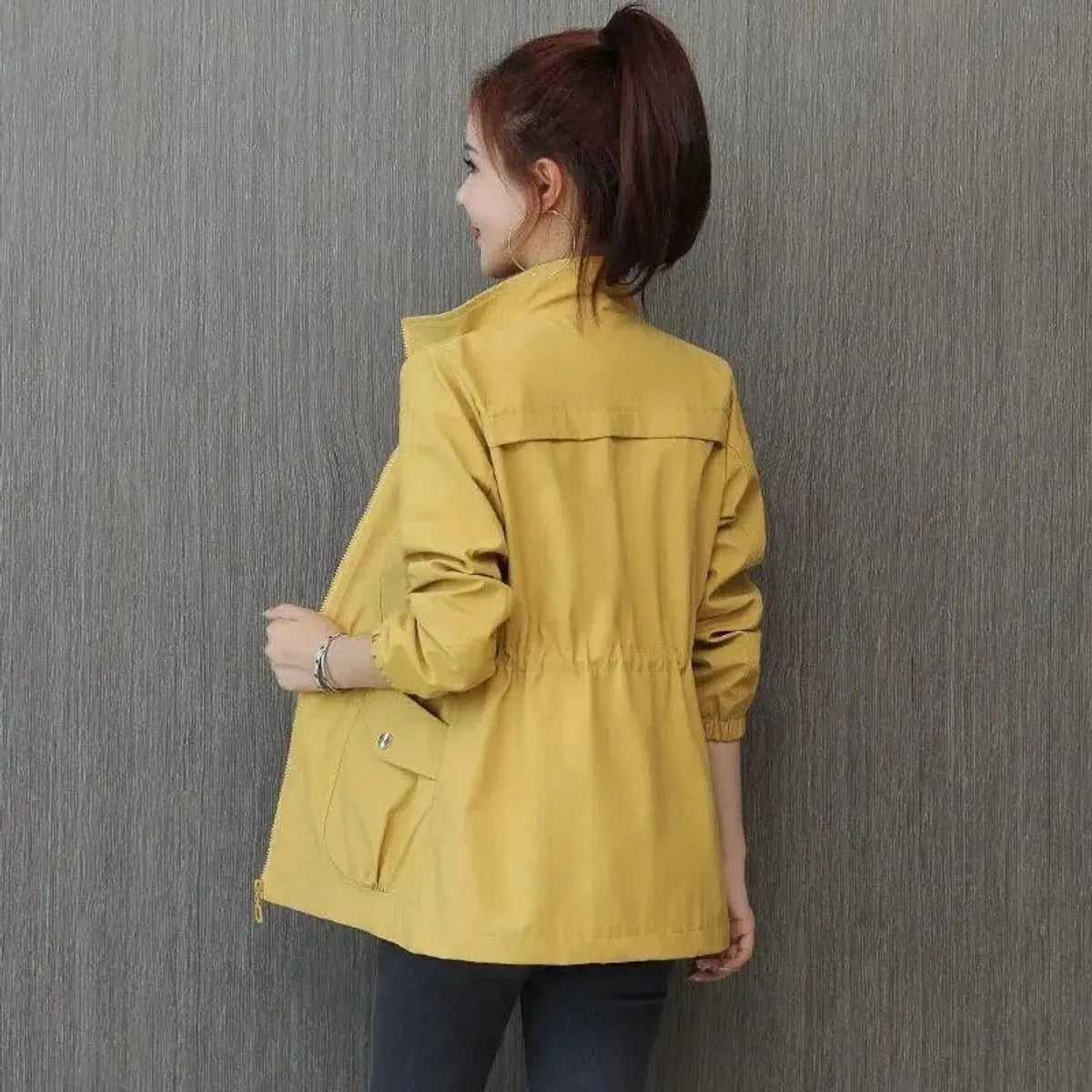Yellow Women's Lightweight Zip-Up Bomber Jacket with Drawstring Waist & Stand Collar