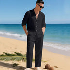 Black Men's Linen Co-Ord Set — Brody Button-Up Shirt Relaxed Pants - Front Full
