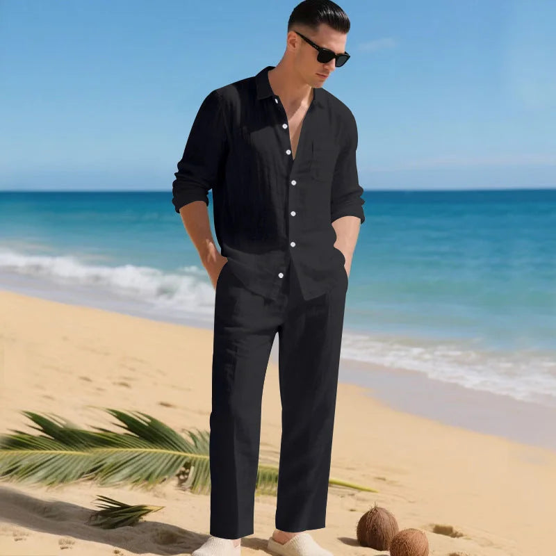 Black Men's Linen Co-Ord Set — Brody Button-Up Shirt Relaxed Pants - Front Full