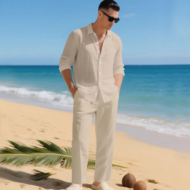 Camel Men's Linen Co-Ord Set — Brody Button-Up Shirt Relaxed Pants - Front Lifestyle