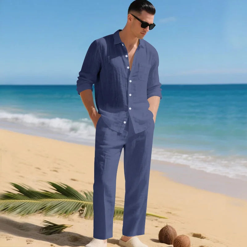 Dark Blue Blue Men's Linen Co-Ord Set — Brody Button-Up Shirt Relaxed Pants - Front Outdoor