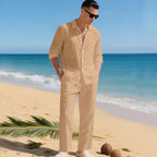 Dark Brown Brown Men's Linen Co-Ord Set — Brody Button-Up Shirt Relaxed Pants - Front Beach