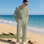 Dark Green Green Men's Linen Co-Ord Set — Brody Button-Up Shirt Relaxed Pants - Front Shoreline