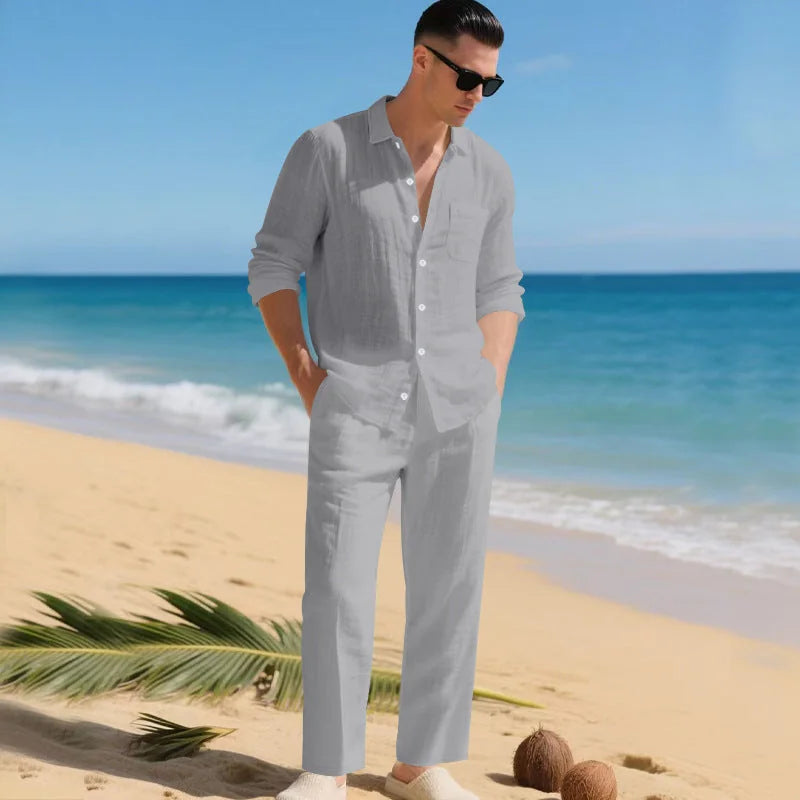 Grey Men's Linen Co-Ord Set — Brody Button-Up Shirt Relaxed Pants - Front Pose