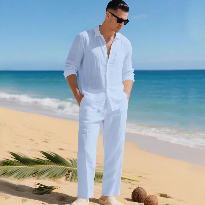 White Men's Linen Co-Ord Set — Brody Button-Up Shirt Relaxed Pants - Front Standing