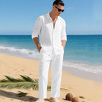 White Men's Linen Co-Ord Set — Brody Button-Up Shirt Relaxed Pants - Front Sunlit