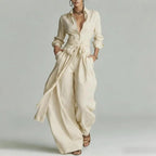 Apricot Women's Linen Co-Ord Set — Elsie Wide-Leg Button-Front Belted - Front Full