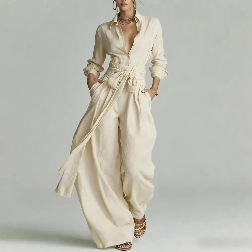 Apricot Women's Linen Co-Ord Set — Elsie Wide-Leg Button-Front Belted - Front Full
