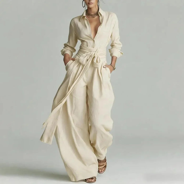 Apricot Women's Linen Co-Ord Set — Elsie Wide-Leg Button-Front Belted - Front Full