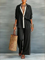 Black Women's Linen Co-Ord Set — Daisy Button-Front Wide-Leg Relaxed - Front View