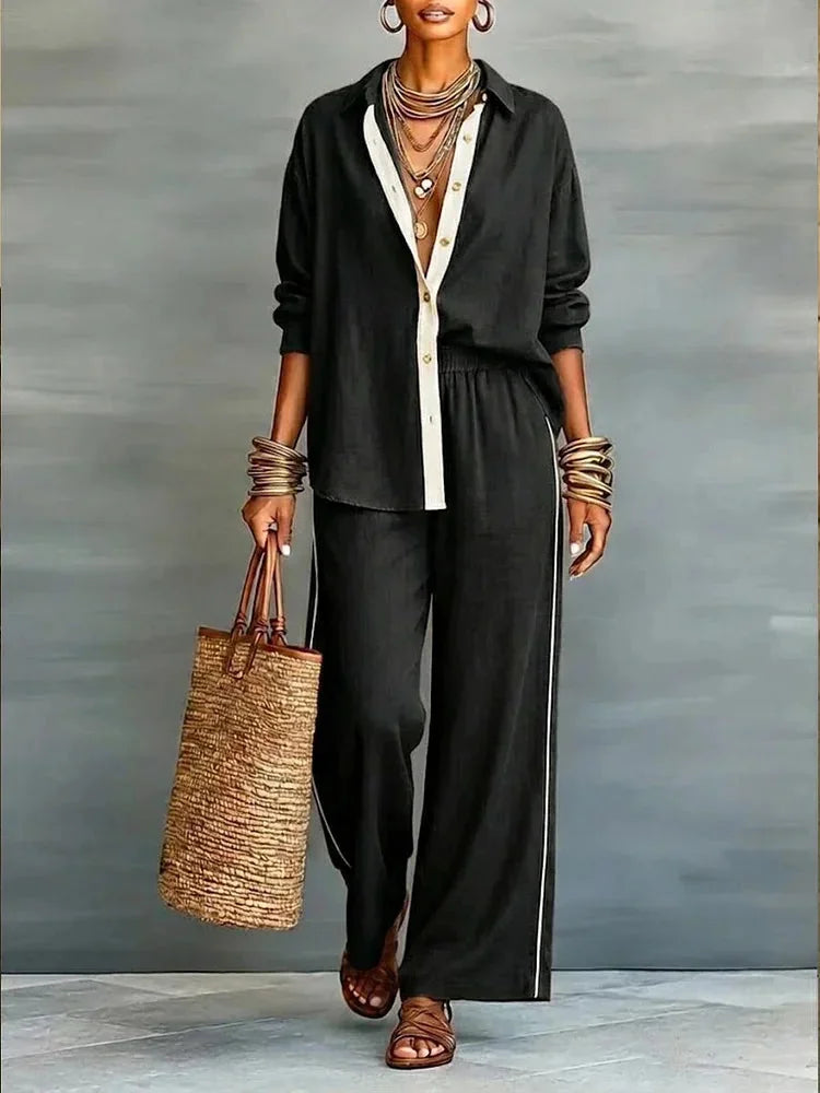 Black Women's Linen Co-Ord Set — Daisy Button-Front Wide-Leg Relaxed - Front View