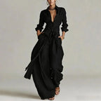 Black Women's Linen Co-Ord Set — Elsie Wide-Leg Button-Front Belted - Front Walking