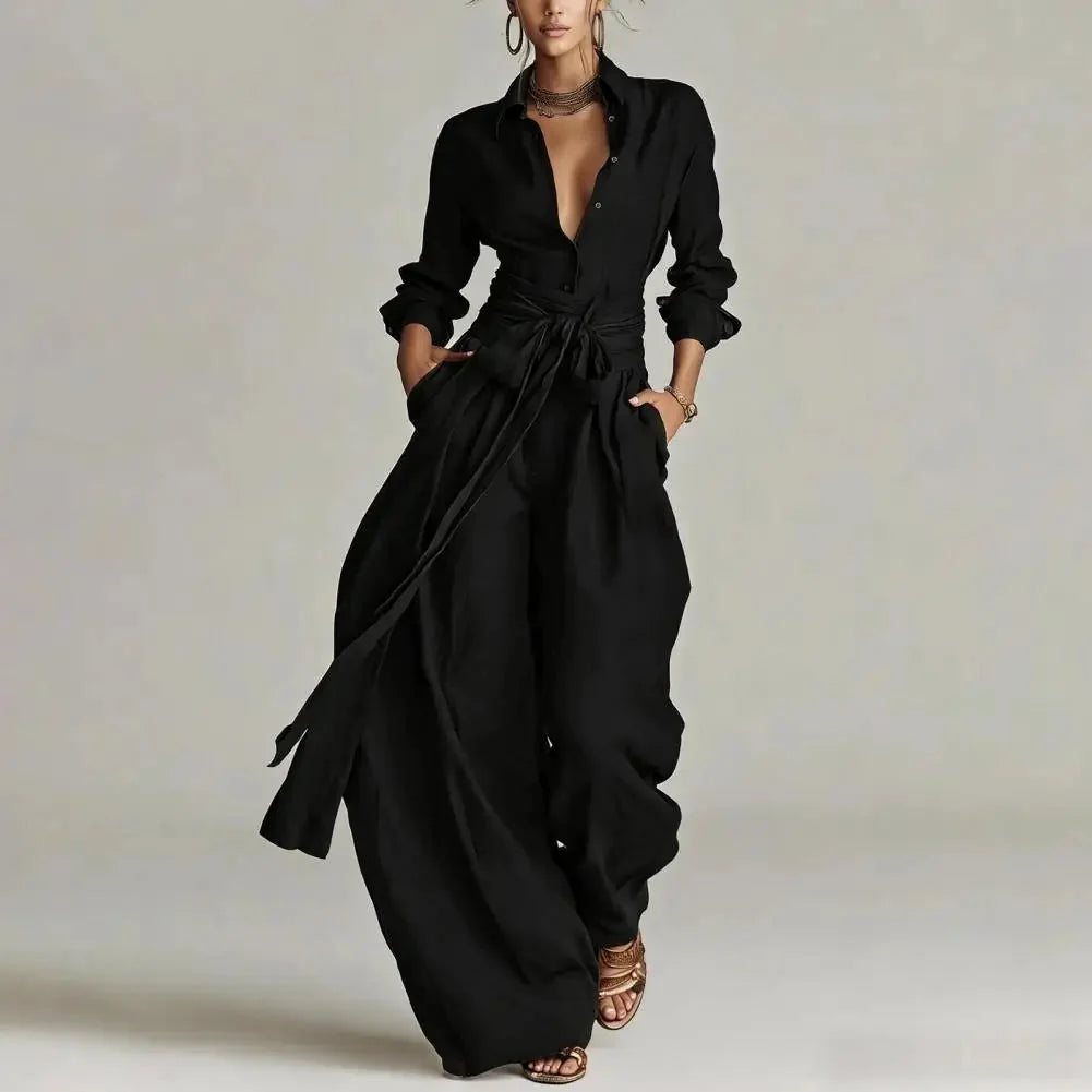 Black Women's Linen Co-Ord Set — Elsie Wide-Leg Button-Front Belted - Front Walking