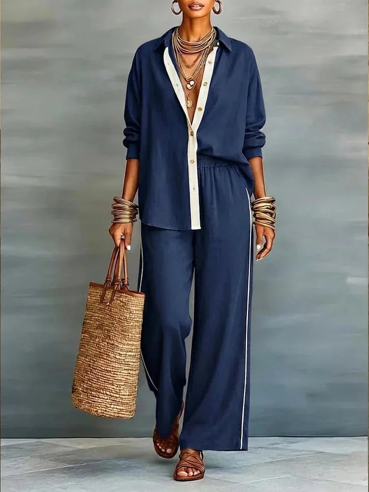 Blue Women's Linen Co-Ord Set — Daisy Button-Front Wide-Leg Relaxed - Front Pose Detail