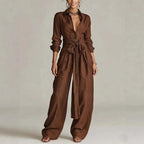 Coffee Women's Linen Co-Ord Set — Elsie Wide-Leg Button-Front Belted - Front Smiling