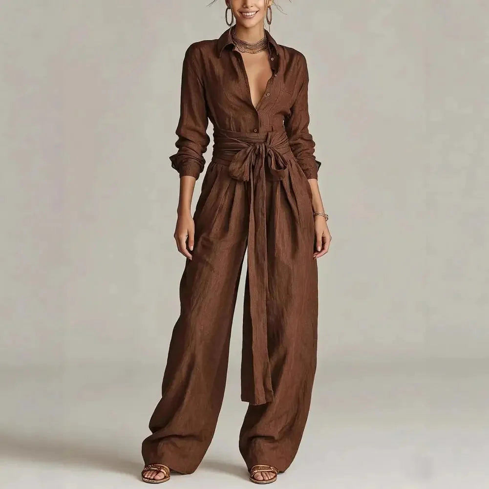 Coffee Women's Linen Co-Ord Set — Elsie Wide-Leg Button-Front Belted - Front Smiling