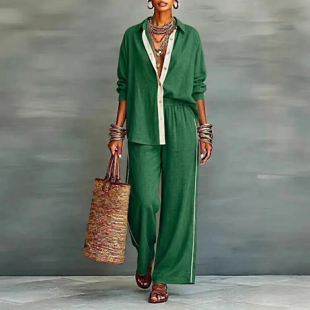 Green Women's Linen Co-Ord Set — Daisy Button-Front Wide-Leg Relaxed - Front Pose