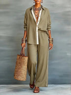 Khaki Women's Linen Co-Ord Set — Daisy Button-Front Wide-Leg Relaxed - Front Lifestyle