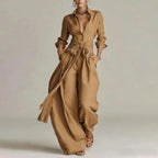 Khaki Women's Linen Co-Ord Set — Elsie Wide-Leg Button-Front Belted - Front Pose