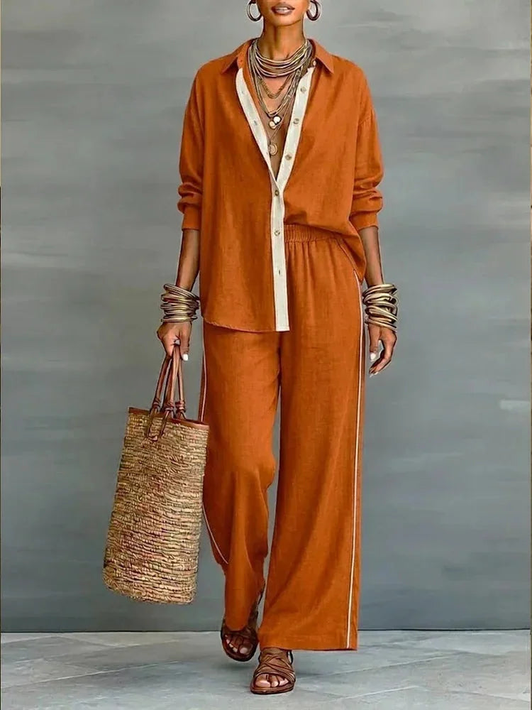 Orange Women's Linen Co-Ord Set — Daisy Button-Front Wide-Leg Relaxed - Front Full