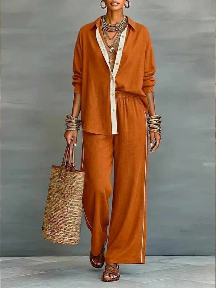 Orange Women's Linen Co-Ord Set — Daisy Button-Front Wide-Leg Relaxed - Front Full
