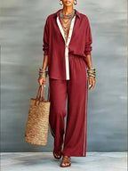 Red Women's Linen Co-Ord Set — Daisy Button-Front Wide-Leg Relaxed - Front Standing