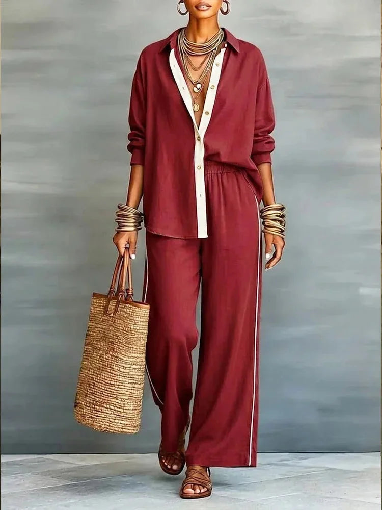 Red Women's Linen Co-Ord Set — Daisy Button-Front Wide-Leg Relaxed - Front Standing