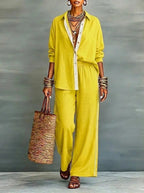 Yellow Women's Linen Co-Ord Set — Daisy Button-Front Wide-Leg Relaxed - Studio Front