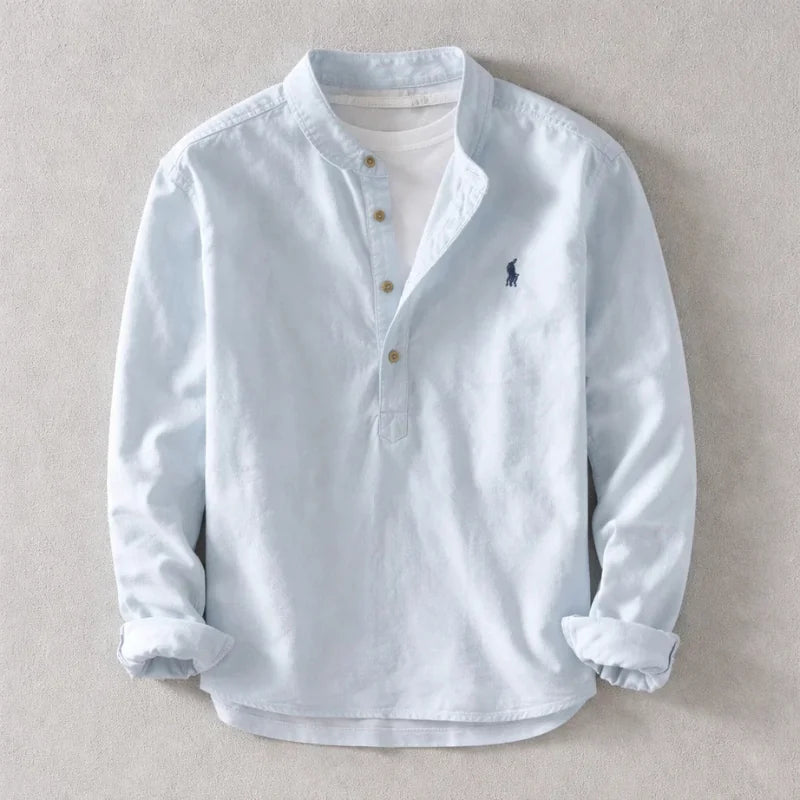 Blue Men's Linen Henley Shirt — Persephone Mandarin Collar Long Sleeve - Front Flat