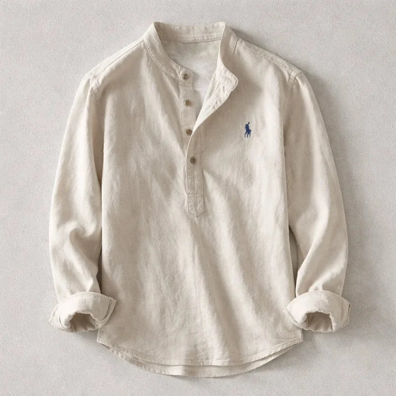 Gray Men's Linen Henley Shirt — Persephone Mandarin Collar Long Sleeve - Front Detail