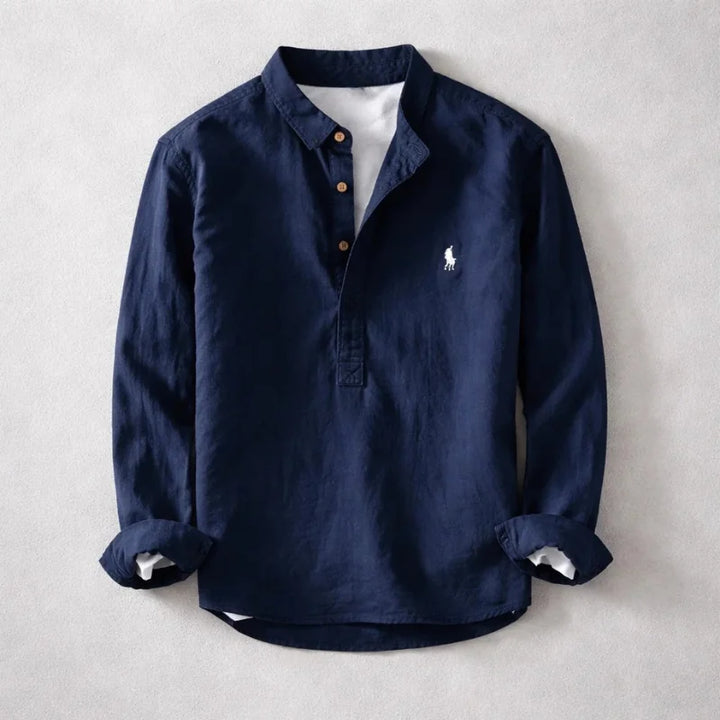 Navy Men's Linen Henley Shirt — Persephone Mandarin Collar Long Sleeve - Front Full