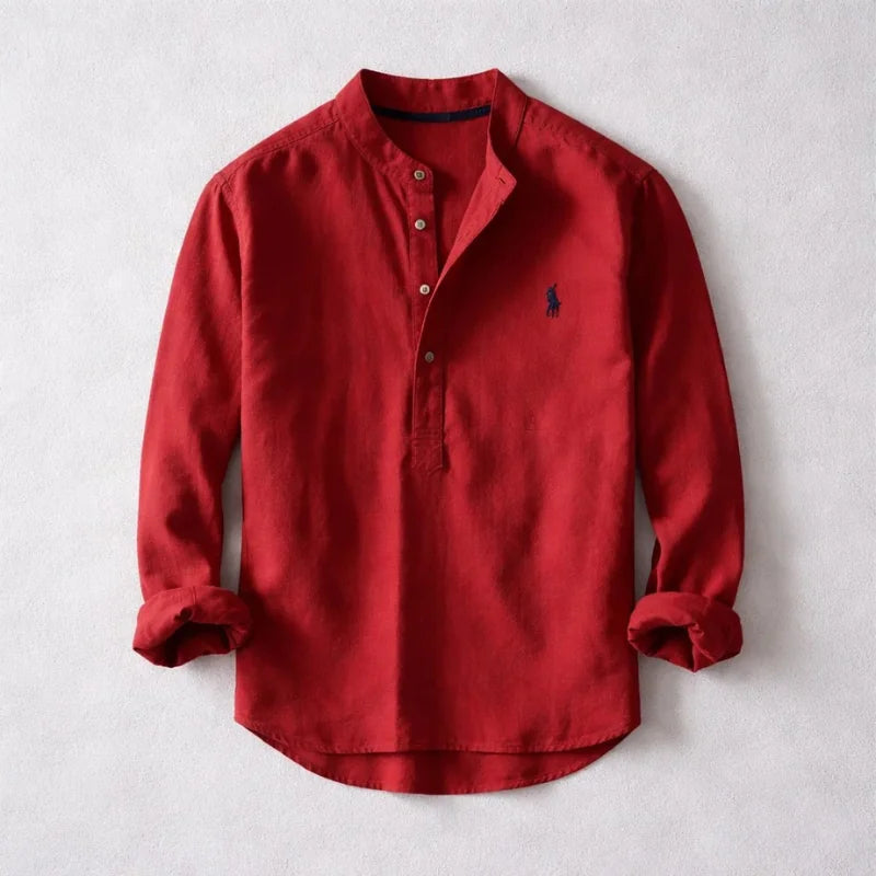 Red Men's Linen Henley Shirt — Persephone Mandarin Collar Long Sleeve - Front Lay