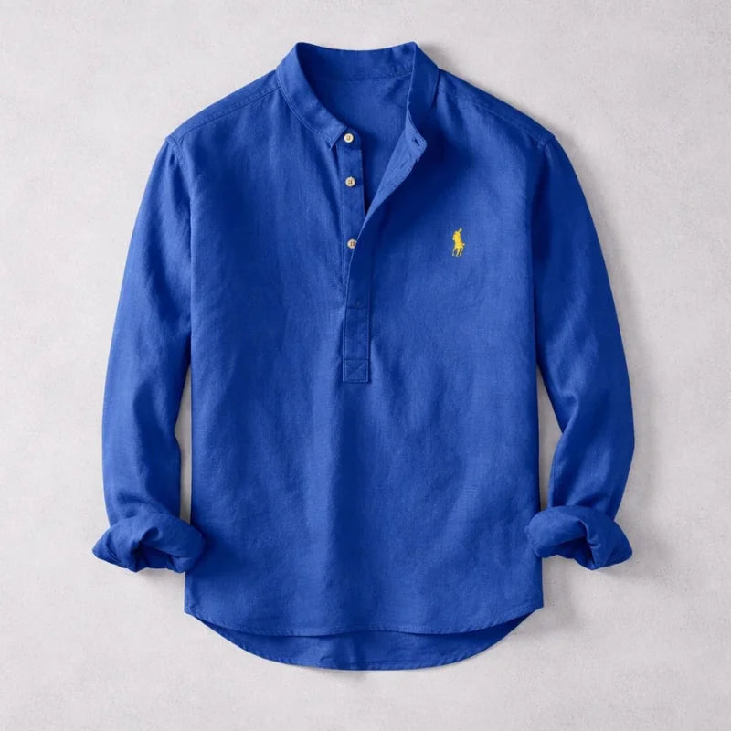 Royal Blue Men's Linen Henley Shirt — Persephone Mandarin Collar Long Sleeve - Front Placket