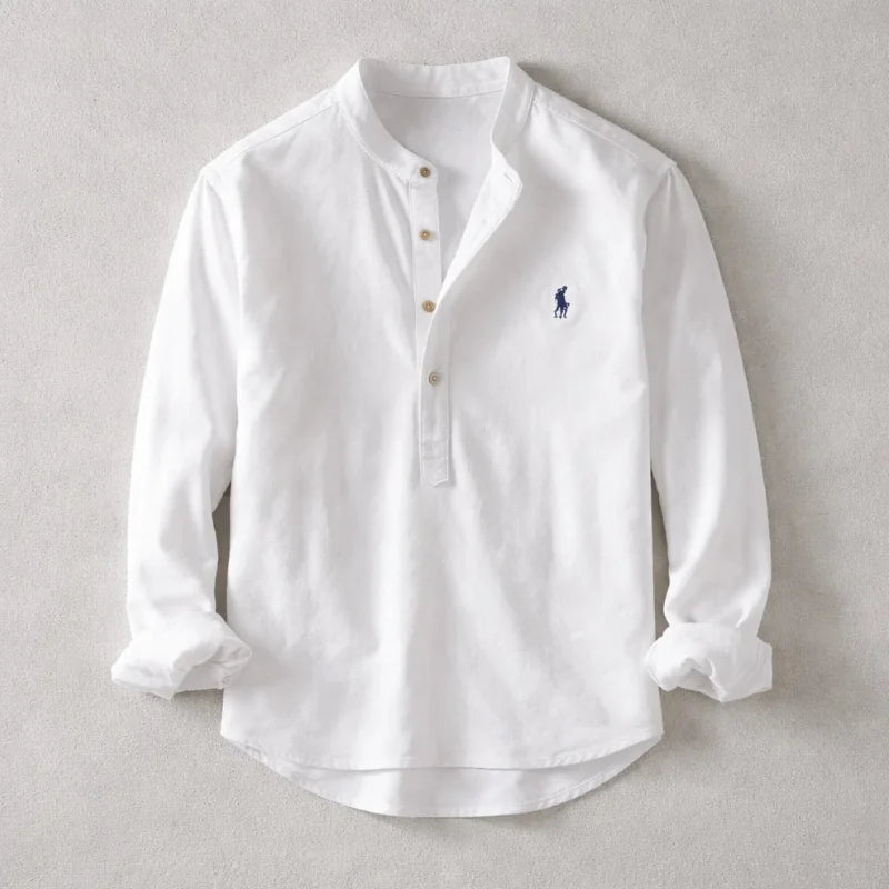 White Men's Linen Henley Shirt — Persephone Mandarin Collar Long Sleeve - Front Studio