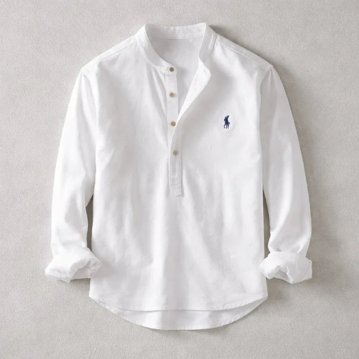 White Men's Linen Henley Shirt — Persephone Mandarin Collar Long Sleeve - Front Studio