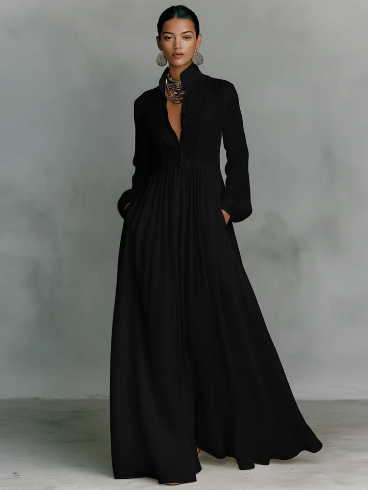 Black Women's Linen Maxi Dress — Diane Mandarin Collar Button-Front - Front Studio