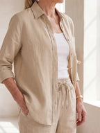 Beige Women's Long Sleeve Shirt Two Piece Set — Beatrice Button-Front Tapered - Close Up Waist Detail