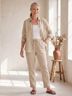 Beige Women's Long Sleeve Shirt Two Piece Set — Beatrice Button-Front Tapered - Front Full Hand In Pocket