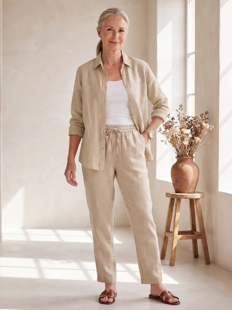 Beige Women's Long Sleeve Shirt Two Piece Set — Beatrice Button-Front Tapered - Front Full Hand In Pocket