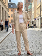 Beige Women's Long Sleeve Shirt Two Piece Set — Beatrice Button-Front Tapered - Lifestyle Cobblestone Street
